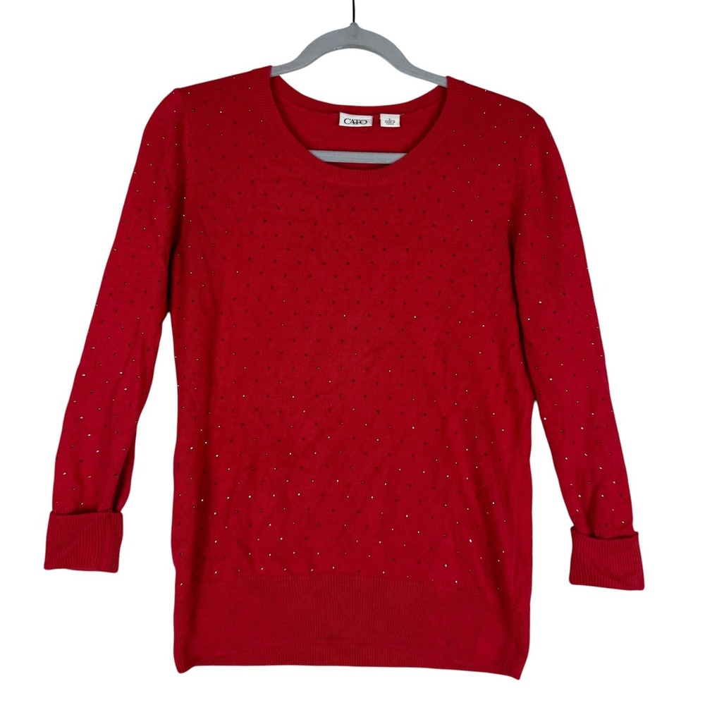 Cato Sweater Womens Large Red Beaded Acrylic Round Neck Ribbed Hem Winter Wear